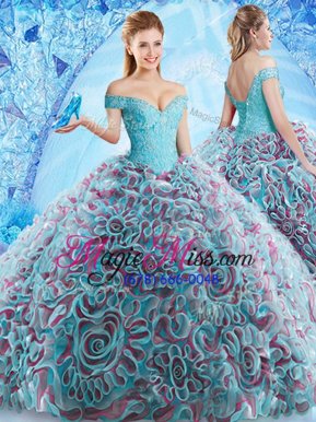 Sweet Off the Shoulder Beading and Appliques and Ruffles Ball Gown Prom Dress Multi-color Backless Sleeveless Court Train