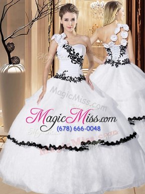 Elegant One Shoulder Appliques and Hand Made Flower Quinceanera Gown White Lace Up Sleeveless Floor Length