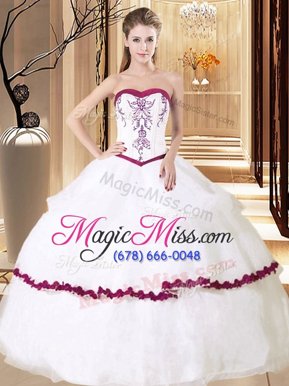 Fancy Embroidery and Ruffled Layers Sweet 16 Dress White And Red Lace Up Sleeveless Floor Length