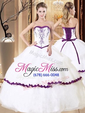 Spectacular White And Purple Organza Lace Up Sweetheart Sleeveless Floor Length Ball Gown Prom Dress Embroidery
