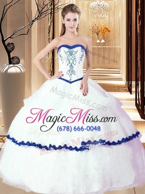Sophisticated White Organza Lace Up Sweet 16 Dress Sleeveless Floor Length Embroidery and Ruffled Layers