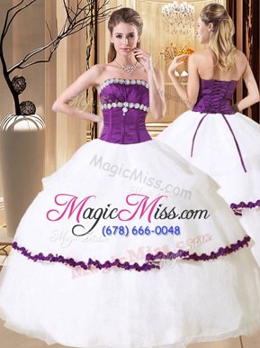 Delicate Ruffled Floor Length White And Purple Sweet 16 Dress Strapless Sleeveless Lace Up
