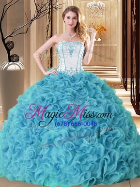 Graceful Floor Length Aqua Blue Ball Gown Prom Dress Fabric With Rolling Flowers Sleeveless Embroidery and Ruffles