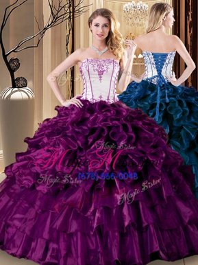 Popular Sleeveless Floor Length Pick Ups Lace Up Quince Ball Gowns with Purple