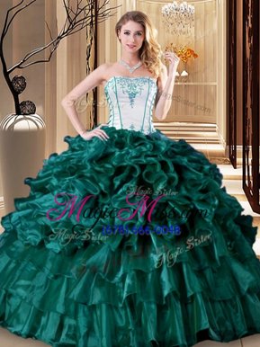 Nice Floor Length Lace Up Quinceanera Dress Turquoise and In for Military Ball and Sweet 16 and Quinceanera with Ruffles and Ruffled Layers