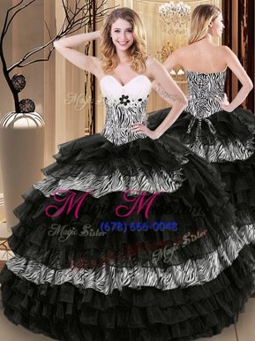 New Arrival Black Lace Up Sweetheart Ruffled Layers and Pattern Quinceanera Gowns Organza and Printed Sleeveless