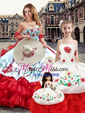 Traditional Floor Length Ball Gowns Sleeveless White And Red Vestidos de Quinceanera Lace Up
