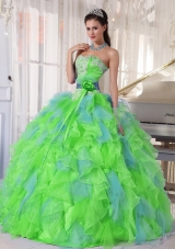 Spring Green and Blue Organza Appliques and Ruffles Quinceanera Dress