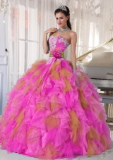 Hot Pink and Brown Sweetehart Ruffles and Appliques Quinceanera Dress