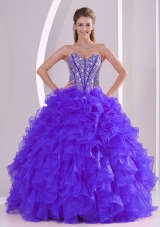 Discount Ball Gown Sweetheart Ruffles and Beaing Floor-length Quinceanera Gowns in Purple