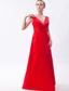 Red Column V-neck Floor-length Taffeta Ruch Prom Dress