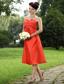 Orange Red A-line Straps Tea-length Taffeta Beading Prom / Homecoming Dress