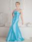 Aqua Blue Mermaid Straps Brush Train Satin Beading Prom Dress
