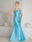 Aqua Blue Column Straps Floor-length Satin Beading and Ruch Bridesmaid Dress