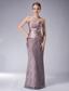 Brown Column Strapless Floor-length Lace Ruch Mother Of The Bride Dress