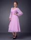 Pink Empire V-neck Tea-length Chiffon Ruch Mother Of The Bride Dress