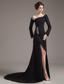 Beading Decorate Bodice High Slit Off The Shoulder Black Chiffon Brush Train Long Sleeves 2013 Prom Dress