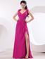 Fuchsia and V-neck For High Slit Prom Dress With Ruch and Brush Train