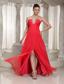 High Slit Red V-neck Long Prom Dress With Chiffon