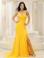 High Slit Halter Top Yellow Brush Train Prom Dress Chiffon In Oklahoma