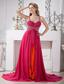 Hot Pink Empire Spaghetti Straps Brush Train Chiffon Beading Prom Dress