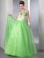 Spring Green A-line Halter Floor-length Satin and Organza Beading Prom Dress