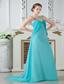 Turquoise Empire Straps Brush Train Chiffon Ruch and Beading Prom Dress