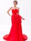 Red A-line / Princess Strapless Brush Train Satin Beading Prom Dress