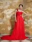 Red Empire One Shoulder Watteau Train Chiffon Beading Prom Dress