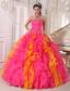 Hot Pink and Orange Ball Gown Sweetheart Floor-length Organza Sequins Quinceanera Dress