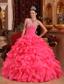 Hot Pink Ball Gown Strapless Floor-length Organza Beading and Appliques Quinceanera Dress