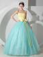 Aqua Blue and Yellow Ball Gown Strapless Floor-length Organza Sash and Ruch Quinceanea Dress