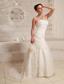Hand Made Flower and Ruch A-line Customize Wedding Dress With Court Train Taffeta and Lace