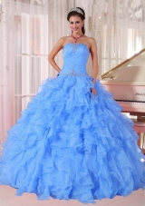 Custom Make Ball Gown Strapless Ruffles and Beading Floor-length Organza Beading Blue Quinceanera Dress