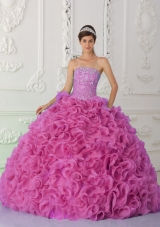 Custom Make Ball Gown Strapless Organza Beaded Hot Pink Quinceanera Dress