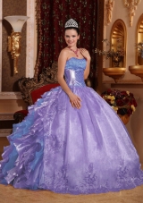 Custom Make Ball Gown Strapless Ruffles Organza Embroidery Purple Quinceanera Dress