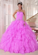 Sweet Ball Gown Strapless Ruffles Organza Beading Pink Sweet Fifteen Dresses