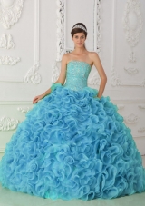 Organza Ball Gown Strapless Beading Blue Sweet Fifteen Dresses with Ruffles
