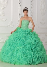 Turquoise Strapless Organza 2013 Summer Quinceanera Dresses with Beading