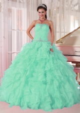 Discount Aqua Blue Ball Gown Strapless Ruching Organza Beading Plus Size Quinceanera Dresses