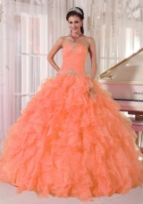 2014 Spring Lovely Orange Ball Gown Strapless Organza Quinceanera Dress with Beading and Ruffles