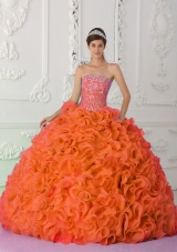 Ball Gown Strapless Organza Beading Orange Red Plus Size Quinceanera Dresses