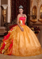 2014 Spring Ball Gown Strapless Floor-length Organza Embroidery Gold Quinceanera Dress