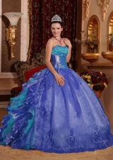 Cheap Ball Gown Blue Quinceanera Ball Gowns  with Strapless Floor-length Organza Embroidery