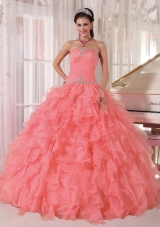Ball Gown Strapless Floor-length Organza Beading New Style Quinceanera Dress with Watermelon