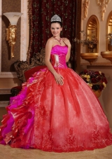 Ball Gown Strapless Ruffles and Beading Embroidery Red Wholesale Quinceanera Dress