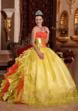 2014 Ball Gown Strapless Rufles Organza Embroidery Gold New Style Quinceanera Dress
