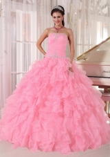 Baby Pink Ball Gown Strapless Floor-length Organza Beading Sweet Sixteen Dress