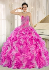 New Style Hot Pink Beaded and Ruffles Custom Made For 2013 Quinceanera Dress