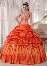 Orange Ball Gown Sweetheart Floor-length Taffeta Appliques and Ruching Quinceanera Dress